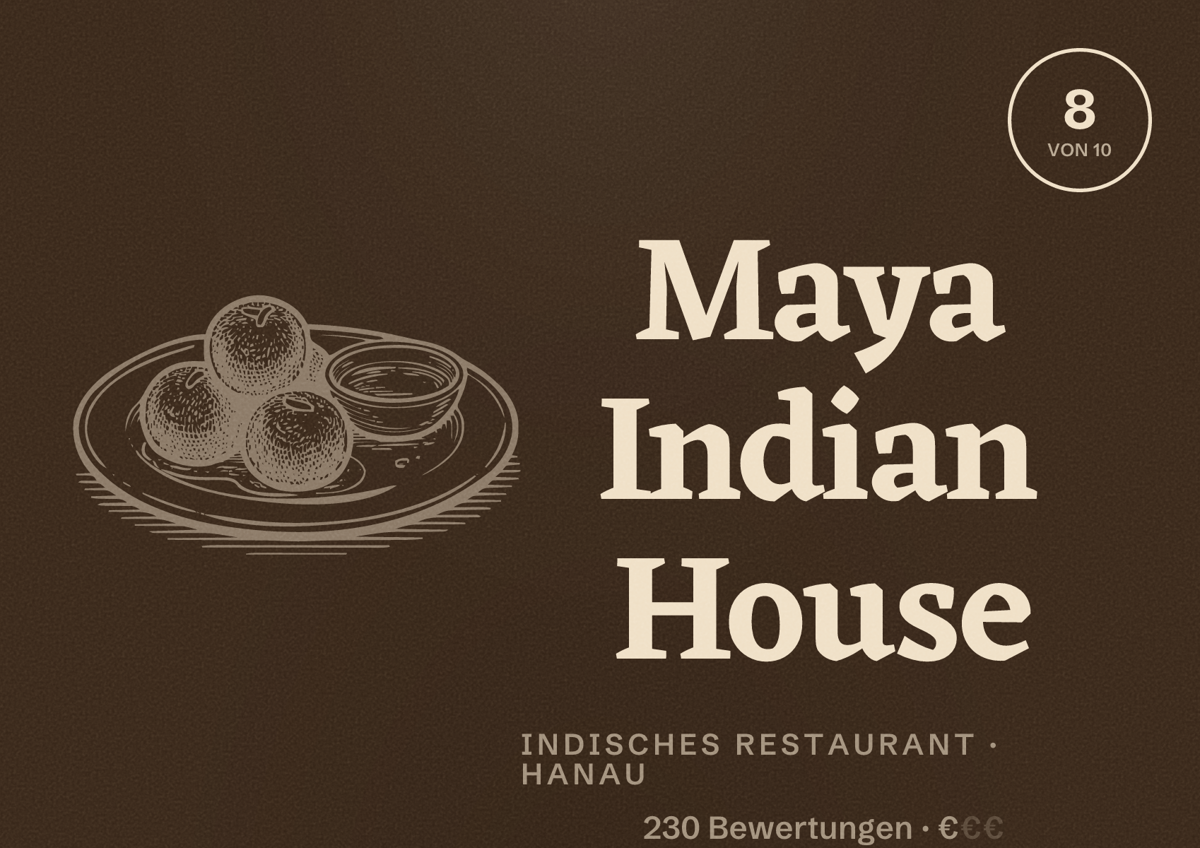 Illustriertes Poster von Maya Indian House, Indisches Restaurant in Hanau: Bewertung 8 von 10 aus 230 Bewertungen, Preisniveau €