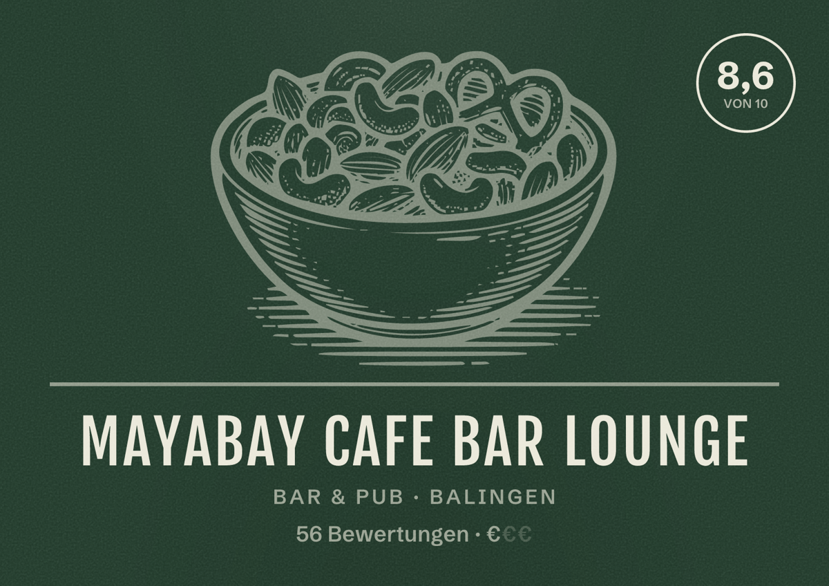 Illustriertes Poster von MayaBay Cafe Bar Lounge, Bar & Pub in Balingen: Bewertung 8,6 von 10 aus 56 Bewertungen, Preisniveau €