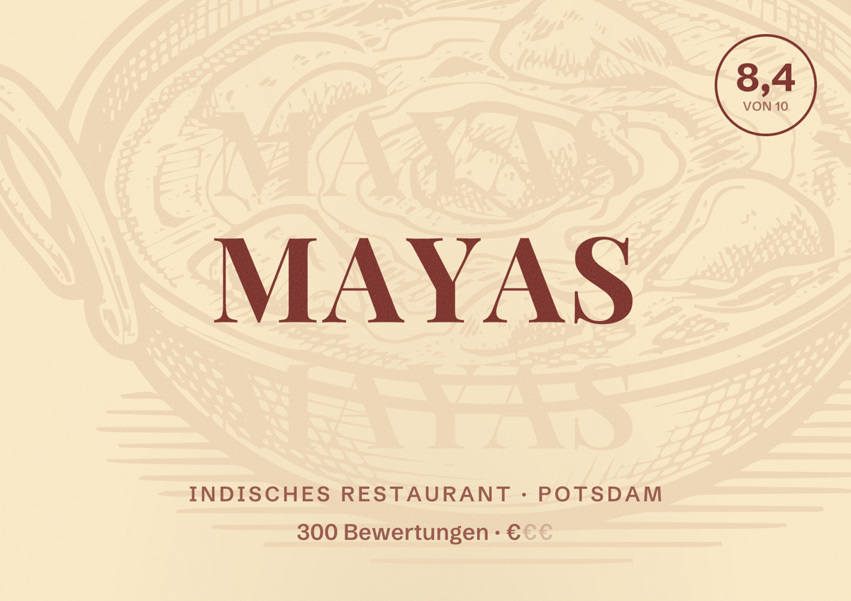 Illustriertes Poster von Mayas, Indisches Restaurant in Potsdam: Bewertung 8,4 von 10 aus 300 Bewertungen, Preisniveau €