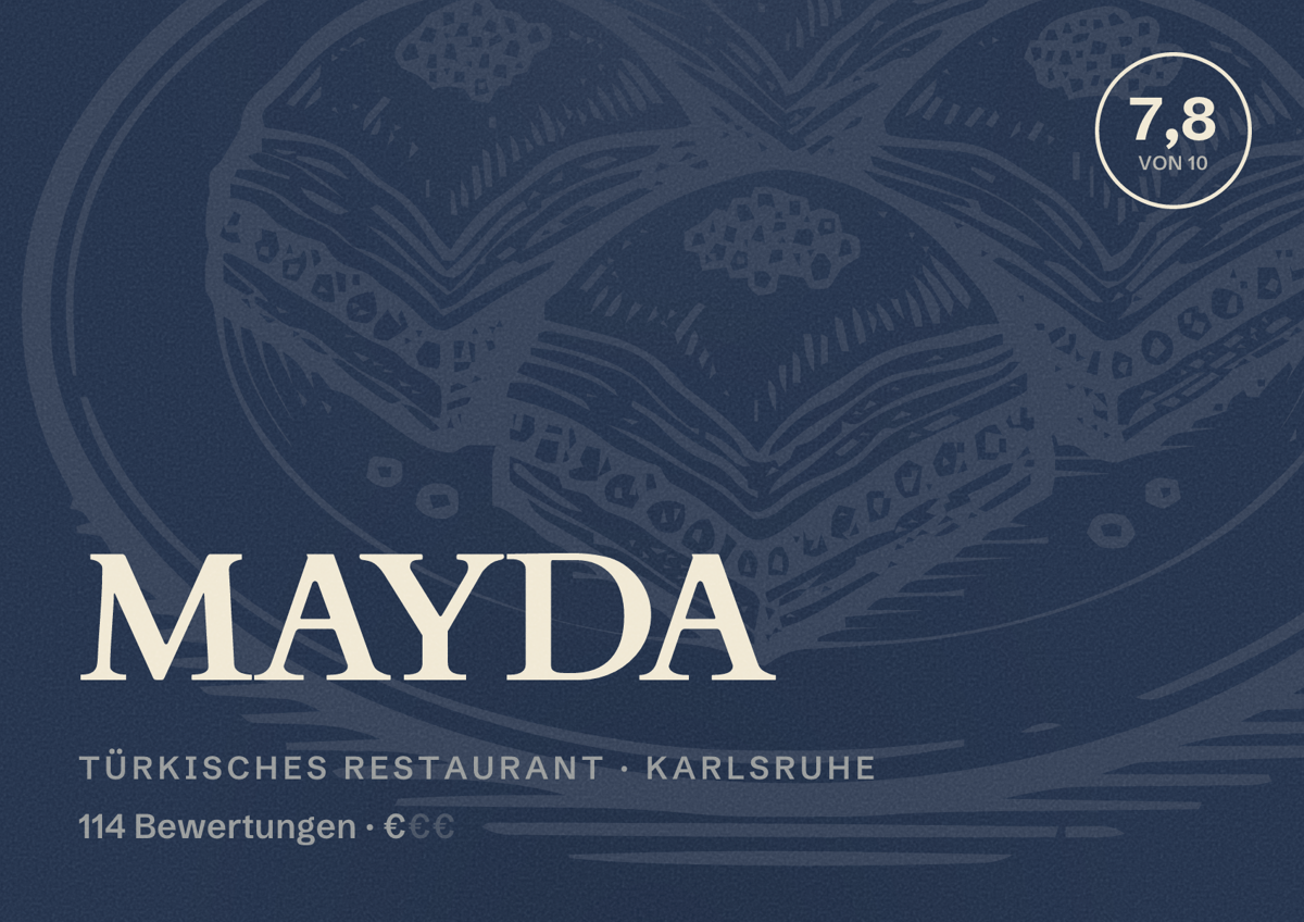 Illustriertes Poster von MAYDA, Türkisches Restaurant in Karlsruhe: Bewertung 7,8 von 10 aus 114 Bewertungen, Preisniveau €