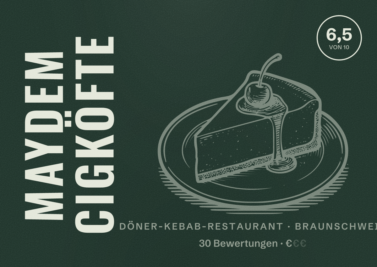 Illustriertes Poster von Maydem Cigköfte, Döner-Kebab-Restaurant in Braunschweig: Bewertung 6,5 von 10 aus 30 Bewertungen, Preisniveau €