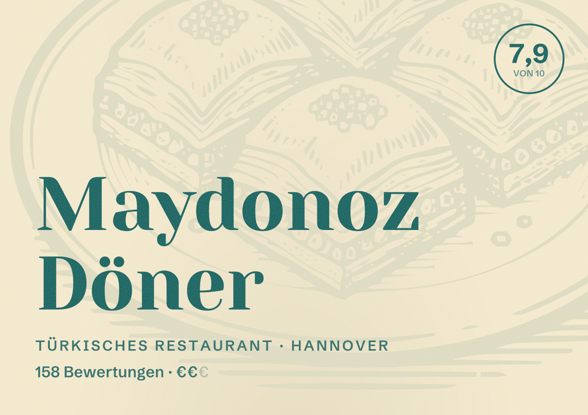 Illustriertes Poster von Maydonoz Döner, Türkisches Restaurant in Hannover: Bewertung 7,9 von 10 aus 158 Bewertungen, Preisniveau €€