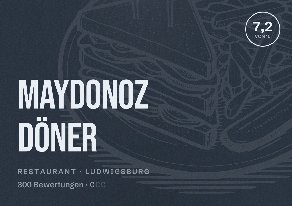 Illustriertes Poster von Maydonoz Döner, Restaurant in Ludwigsburg: Bewertung 7,2 von 10 aus 300 Bewertungen, Preisniveau €