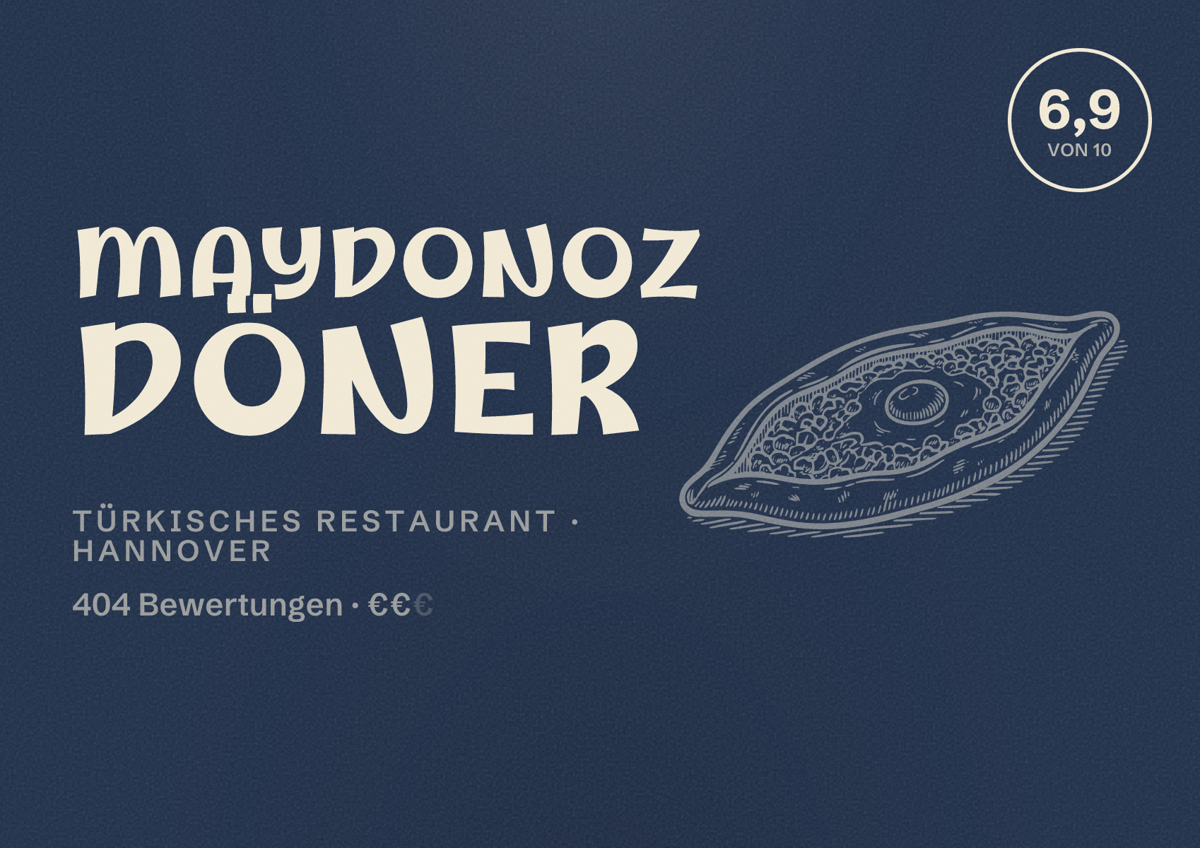 Illustriertes Poster von Maydonoz Döner, Türkisches Restaurant in Hannover: Bewertung 6,9 von 10 aus 404 Bewertungen, Preisniveau €€