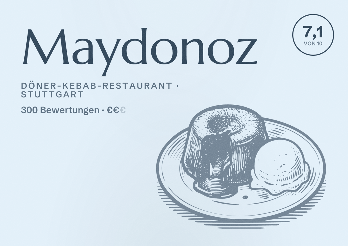Illustriertes Poster von Maydonoz, Döner-Kebab-Restaurant in Stuttgart: Bewertung 7,1 von 10 aus 300 Bewertungen, Preisniveau €€