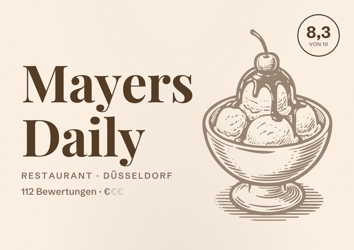 Illustriertes Poster von Mayers Daily, Restaurant in Düsseldorf: Bewertung 8,3 von 10 aus 112 Bewertungen, Preisniveau €