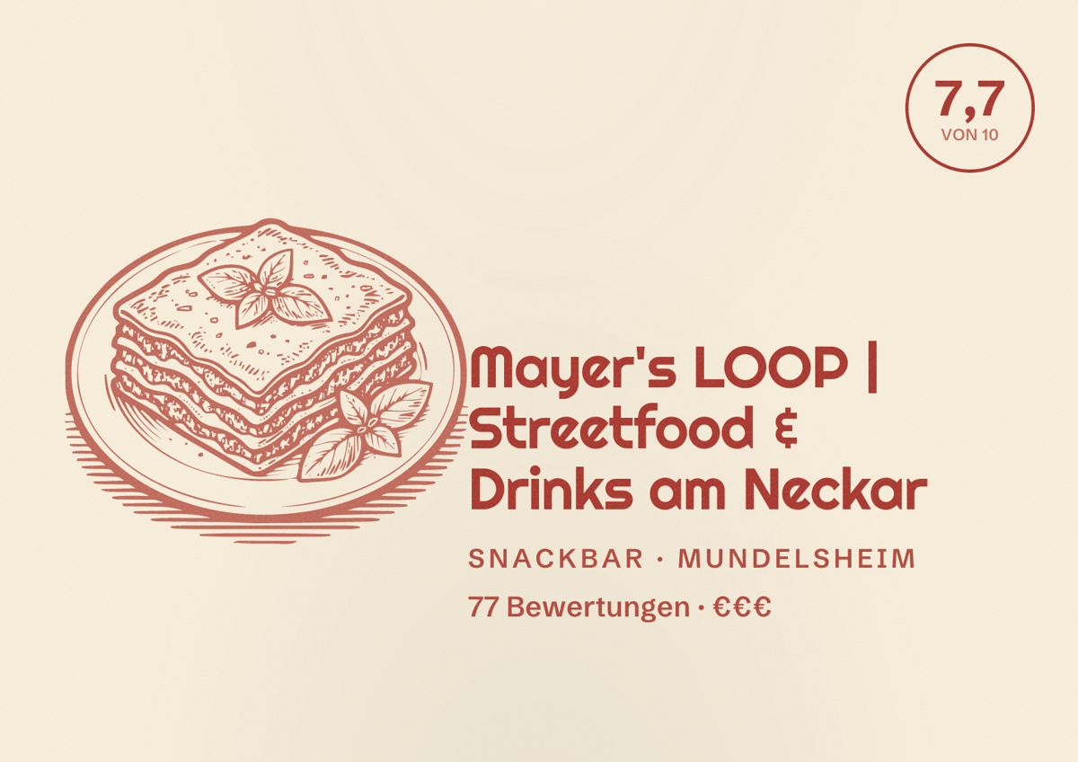 Illustriertes Poster von Mayer's LOOP | Streetfood & Drinks am Neckar, Snackbar in Mundelsheim: Bewertung 7,7 von 10 aus 77 Bewertungen, Preisniveau €€€