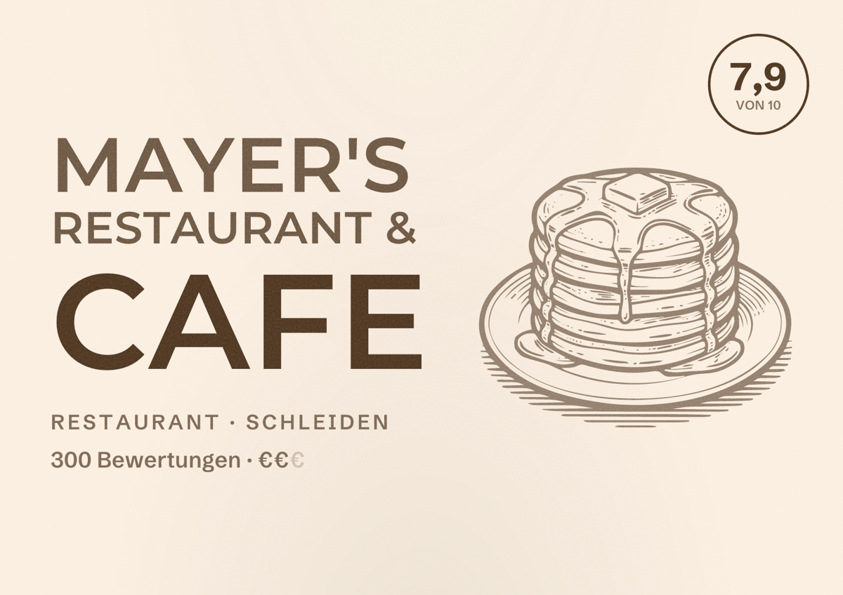Illustriertes Poster von Mayer's Restaurant & Cafe, Restaurant in Schleiden: Bewertung 7,9 von 10 aus 300 Bewertungen, Preisniveau €€