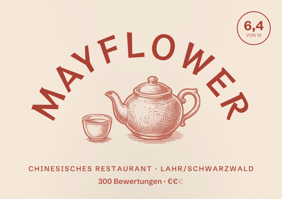 Illustriertes Poster von Mayflower, Chinesisches Restaurant in Lahr/Schwarzwald: Bewertung 6,4 von 10 aus 300 Bewertungen, Preisniveau €€
