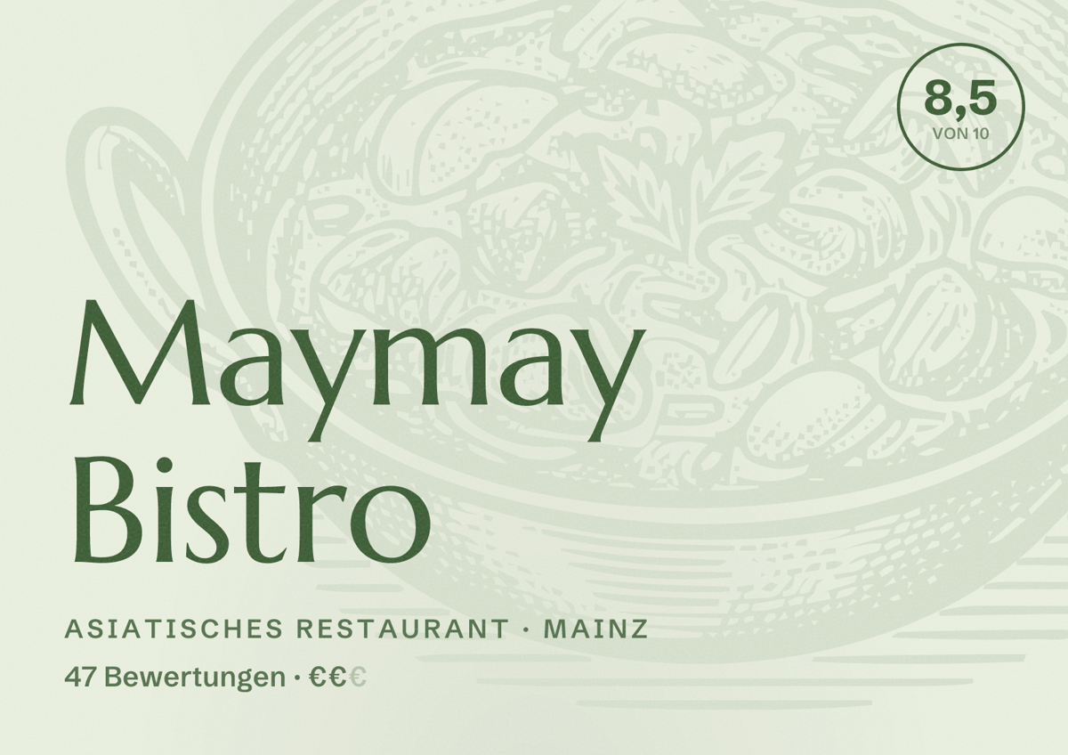 Illustriertes Poster von Maymay Bistro, Asiatisches Restaurant in Mainz: Bewertung 8,5 von 10 aus 47 Bewertungen, Preisniveau €€