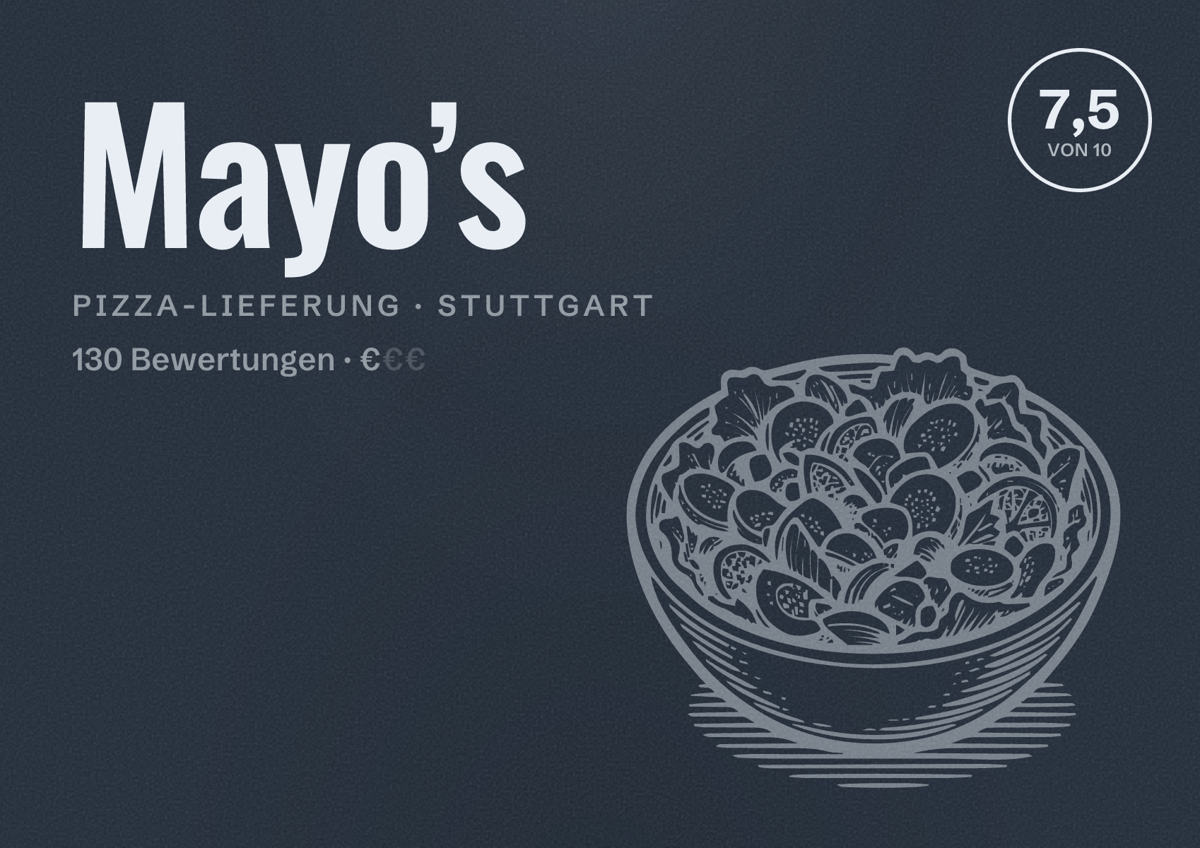 Illustriertes Poster von Mayo’s, Pizza-Lieferung in Stuttgart: Bewertung 7,5 von 10 aus 130 Bewertungen, Preisniveau €