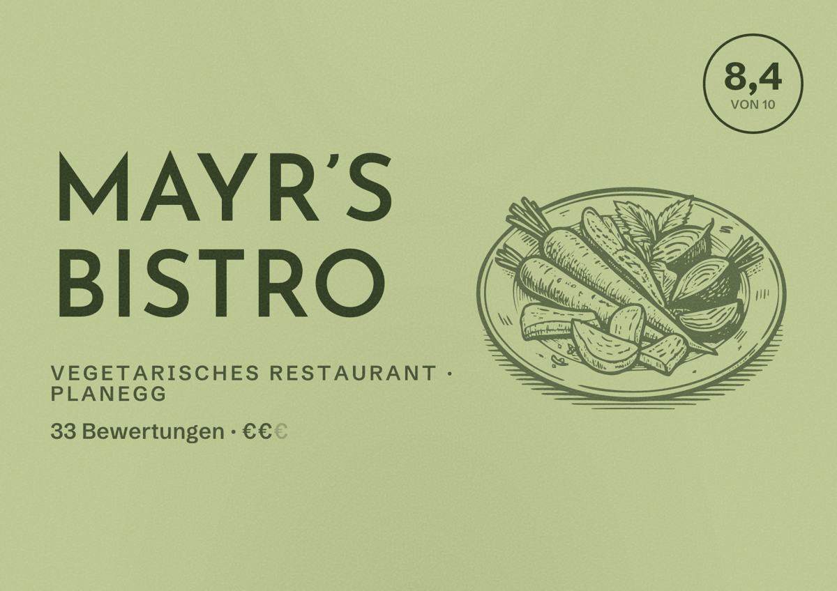 Illustriertes Poster von Mayr’s Bistro, Vegetarisches Restaurant in Planegg: Bewertung 8,4 von 10 aus 33 Bewertungen, Preisniveau €€
