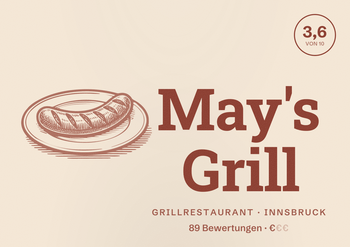 Illustriertes Poster von May's Grill, Grillrestaurant in Innsbruck: Bewertung 3,6 von 10 aus 89 Bewertungen, Preisniveau €