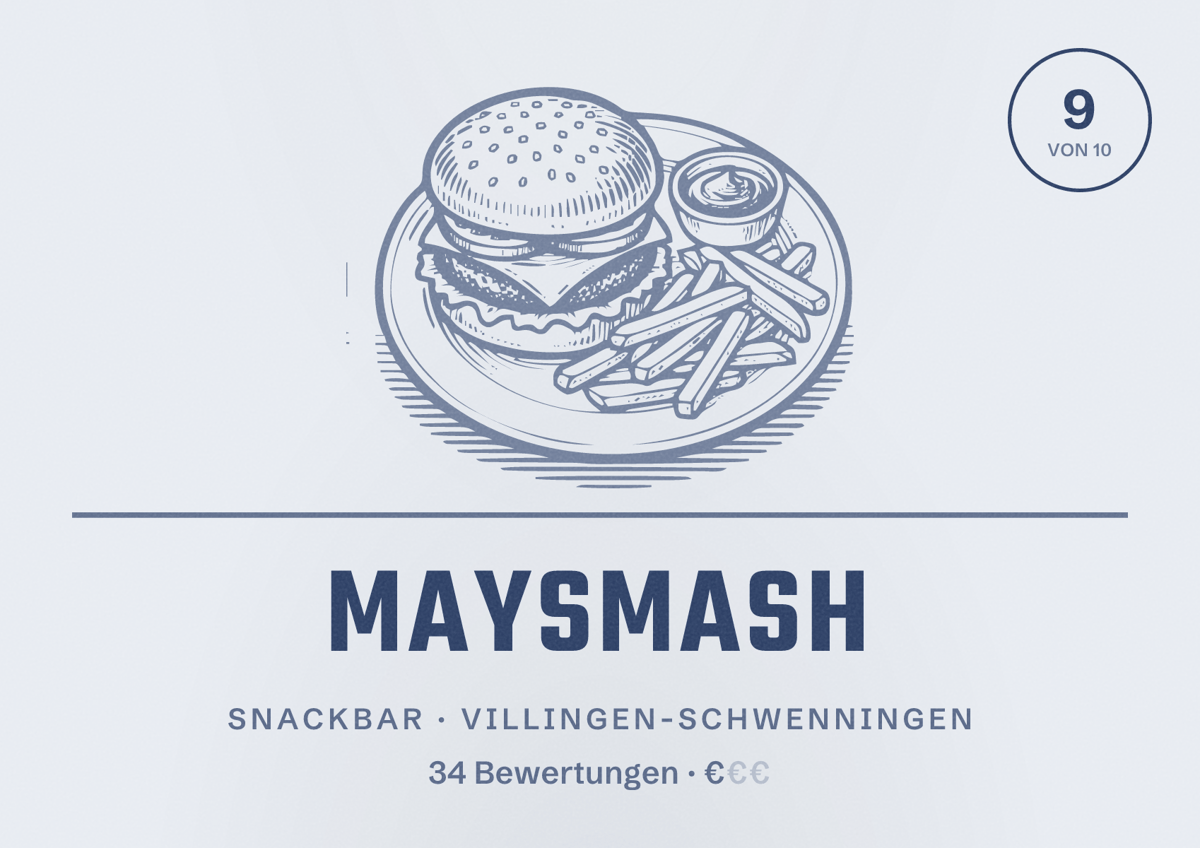 Illustriertes Poster von Maysmash, Snackbar in Villingen-Schwenningen: Bewertung 9 von 10 aus 34 Bewertungen, Preisniveau €