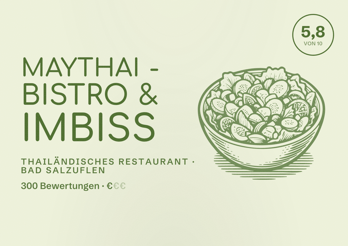 Illustriertes Poster von Maythai - Bistro & Imbiss, Thailändisches Restaurant in Bad Salzuflen: Bewertung 5,8 von 10 aus 300 Bewertungen, Preisniveau €