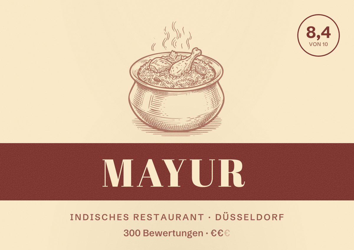 Illustriertes Poster von Mayur, Indisches Restaurant in Düsseldorf: Bewertung 8,4 von 10 aus 300 Bewertungen, Preisniveau €€