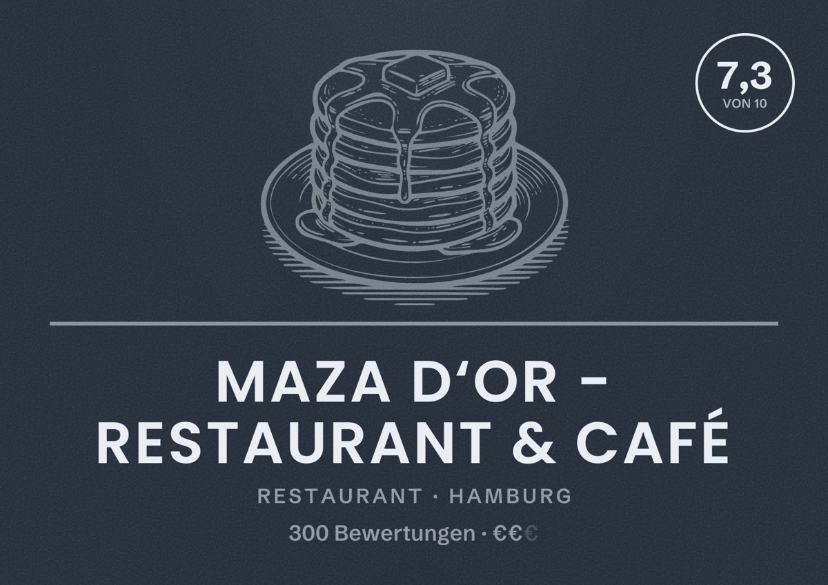 Illustriertes Poster von MAZA D‘OR - RESTAURANT & CAFÉ, Restaurant in Hamburg: Bewertung 7,3 von 10 aus 300 Bewertungen, Preisniveau €€