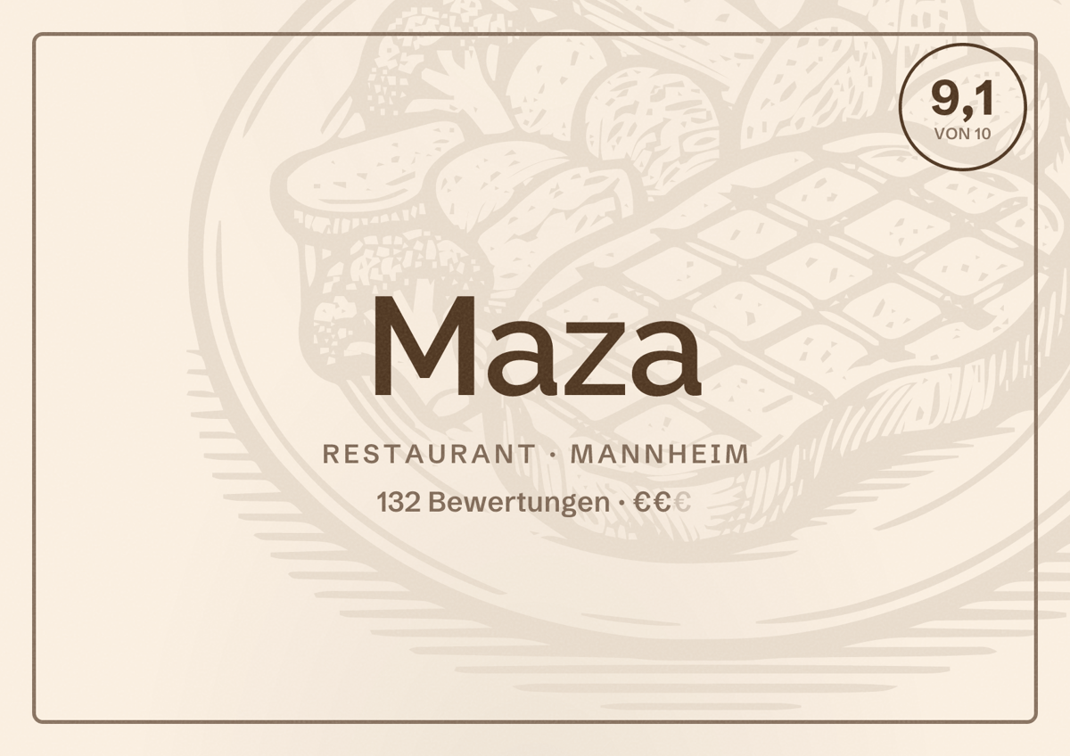 Illustriertes Poster von Maza, Restaurant in Mannheim: Bewertung 9,1 von 10 aus 132 Bewertungen, Preisniveau €€