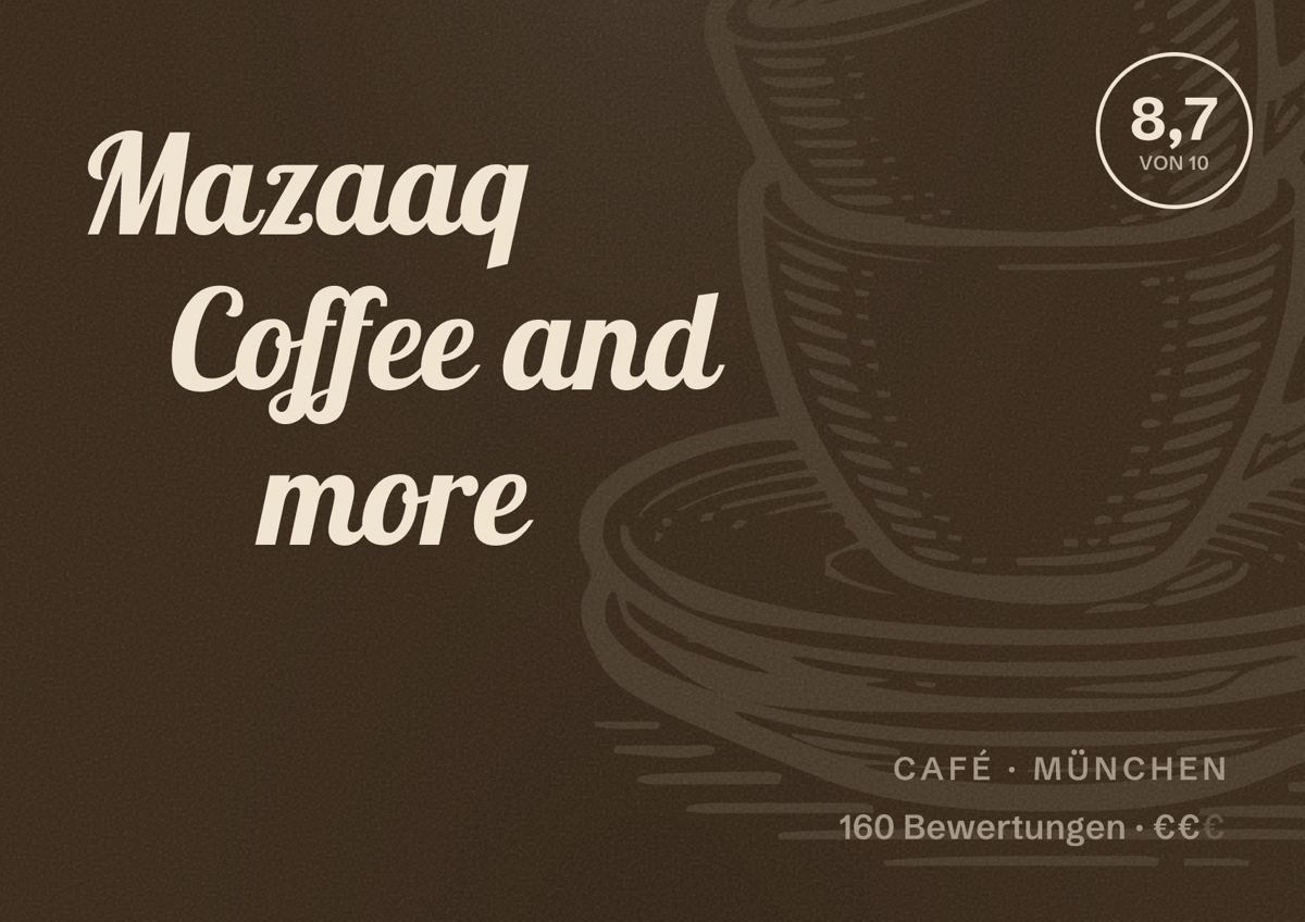 Illustriertes Poster von Mazaaq Coffee and more, Café in München: Bewertung 8,7 von 10 aus 160 Bewertungen, Preisniveau €€