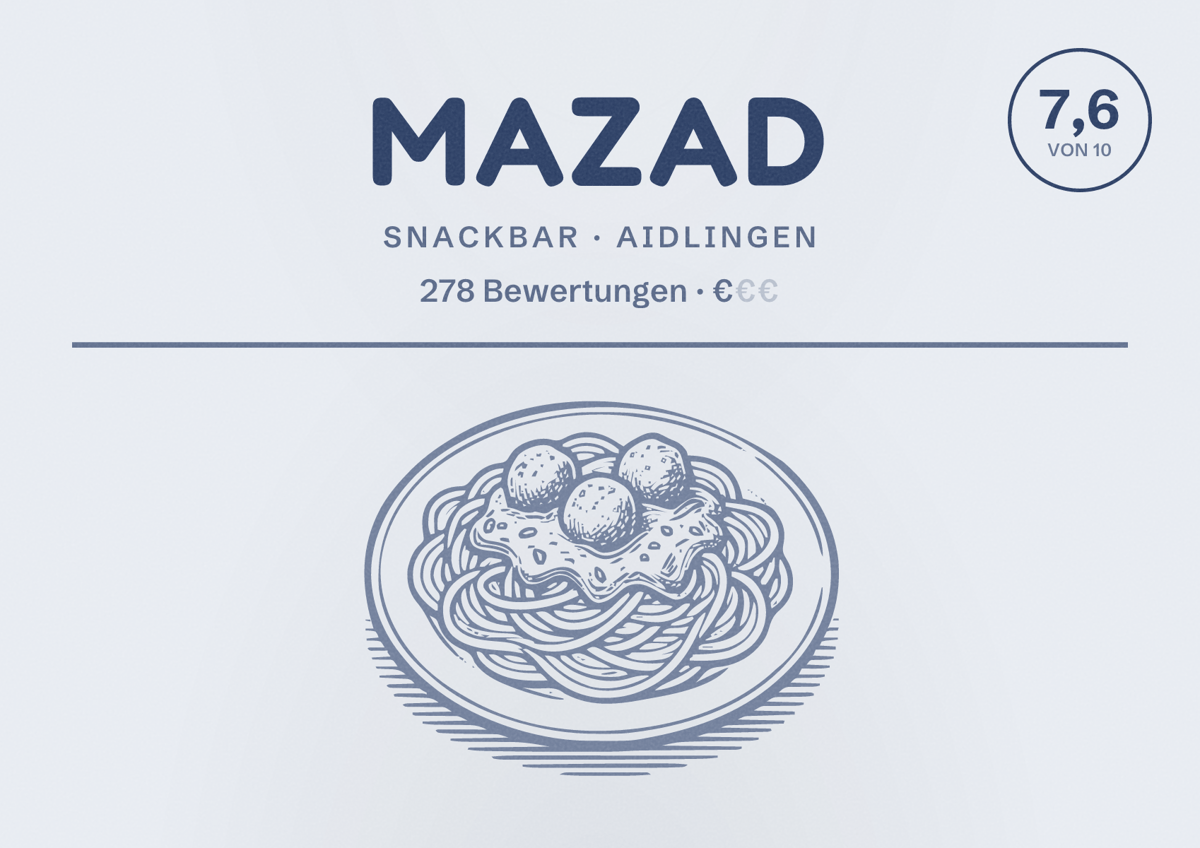 Illustriertes Poster von Mazad, Snackbar in Aidlingen: Bewertung 7,6 von 10 aus 278 Bewertungen, Preisniveau €
