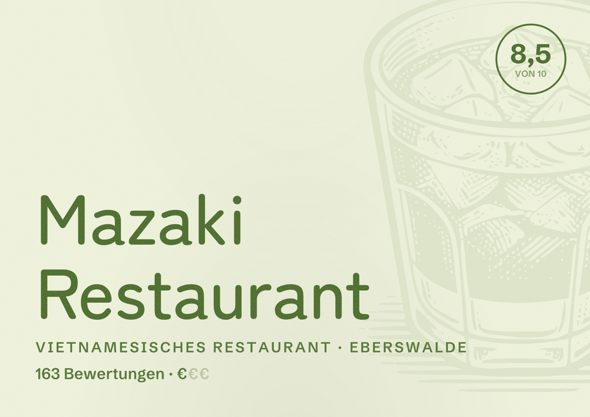 Illustriertes Poster von Mazaki Restaurant, Vietnamesisches Restaurant in Eberswalde: Bewertung 8,5 von 10 aus 163 Bewertungen, Preisniveau €