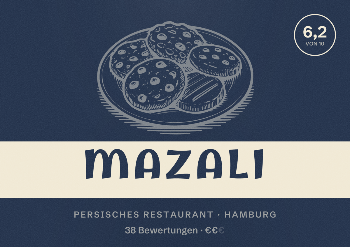 Illustriertes Poster von Mazali, Persisches Restaurant in Hamburg: Bewertung 6,2 von 10 aus 38 Bewertungen, Preisniveau €€