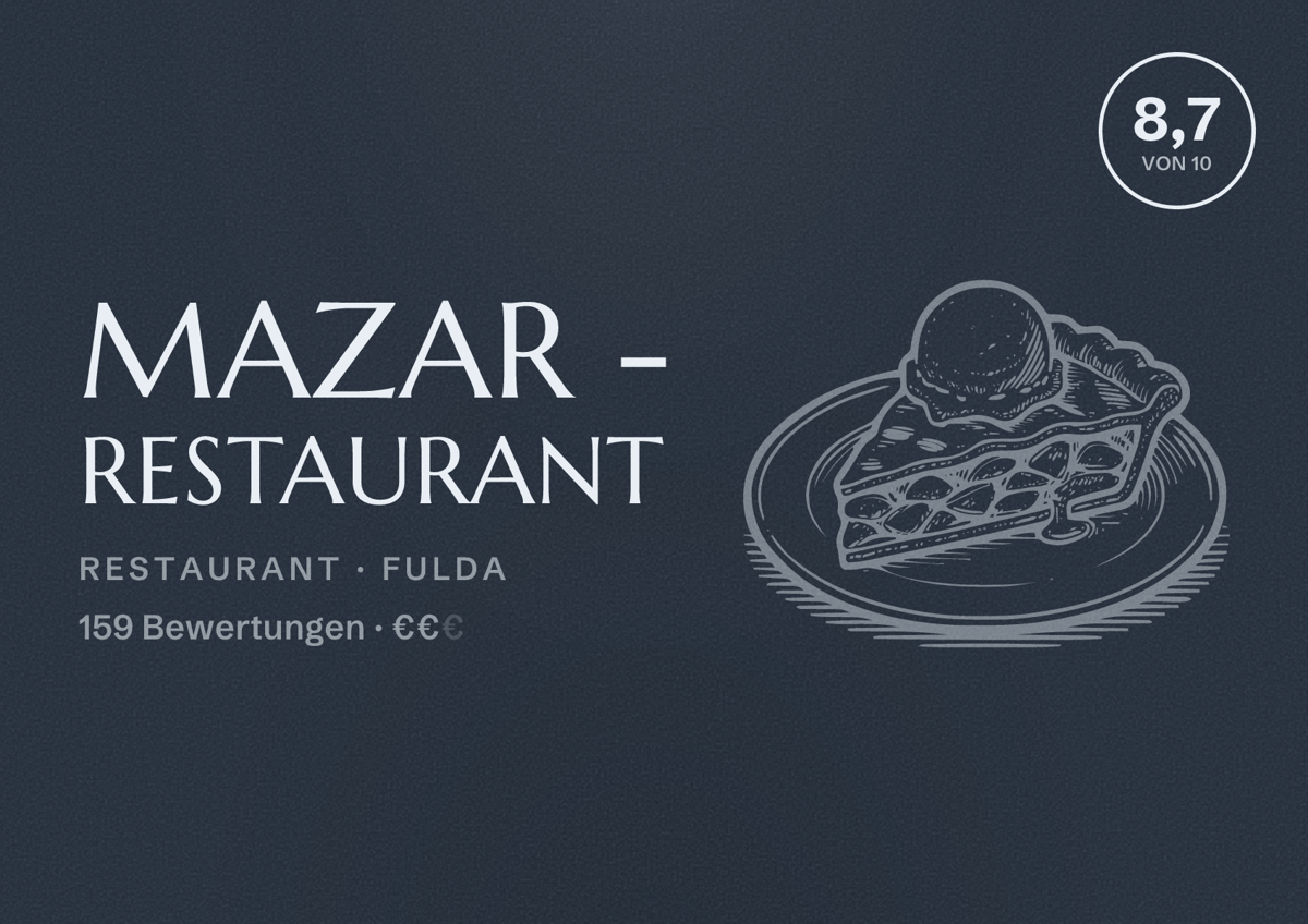 Illustriertes Poster von Mazar - Restaurant, Restaurant in Fulda: Bewertung 8,7 von 10 aus 159 Bewertungen, Preisniveau €€