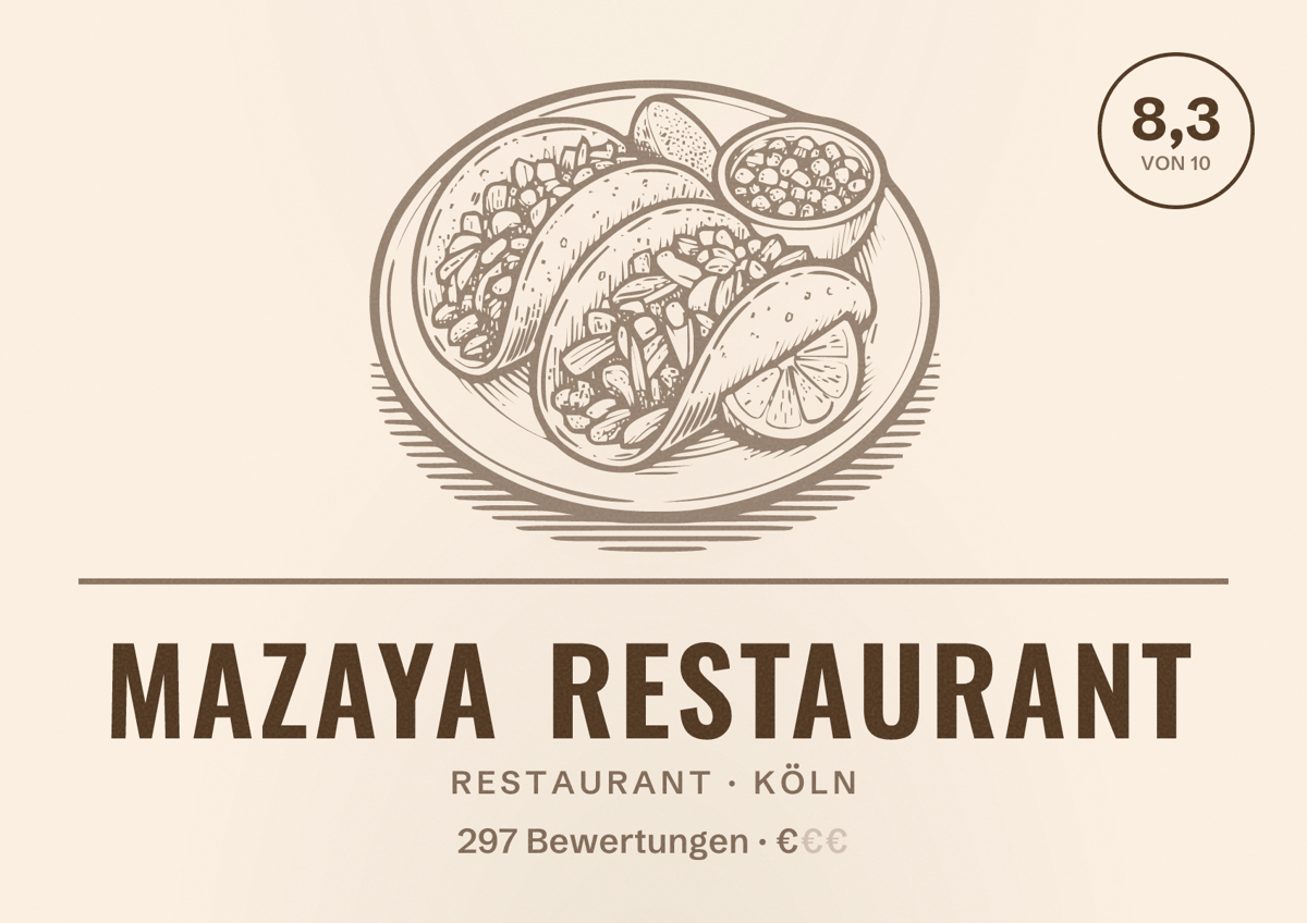 Illustriertes Poster von Mazaya Restaurant, Restaurant in Köln: Bewertung 8,3 von 10 aus 297 Bewertungen, Preisniveau €