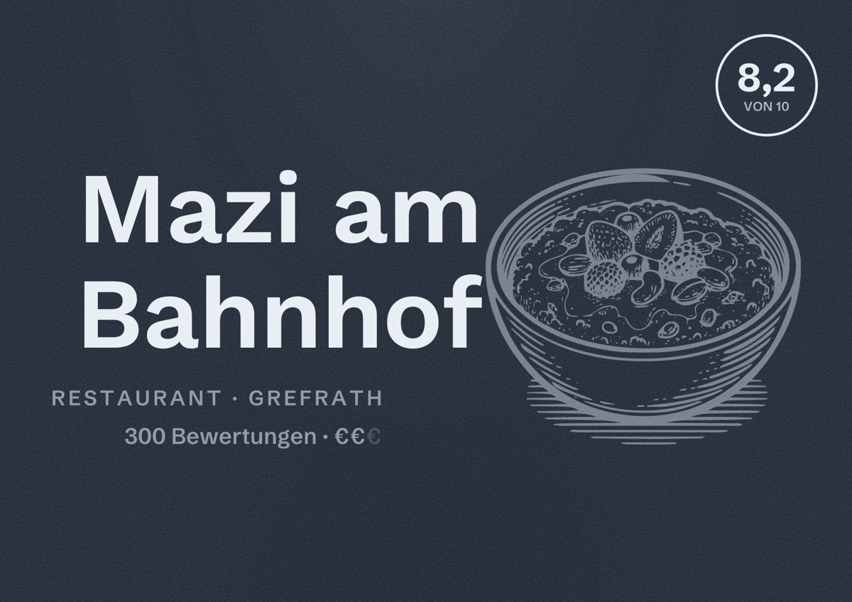 Illustriertes Poster von Mazi am Bahnhof, Restaurant in Grefrath: Bewertung 8,2 von 10 aus 300 Bewertungen, Preisniveau €€