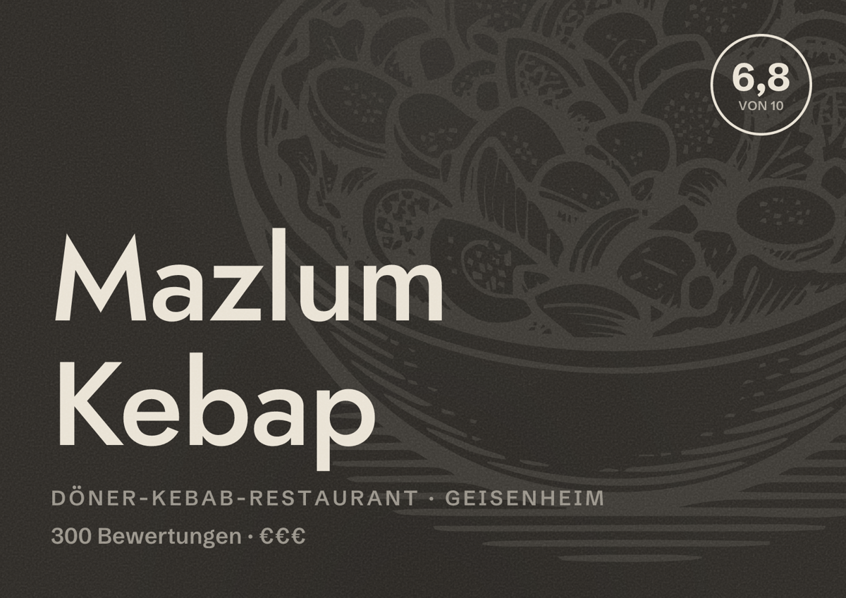 Illustriertes Poster von Mazlum Kebap, Döner-Kebab-Restaurant in Geisenheim: Bewertung 6,8 von 10 aus 300 Bewertungen, Preisniveau €€€