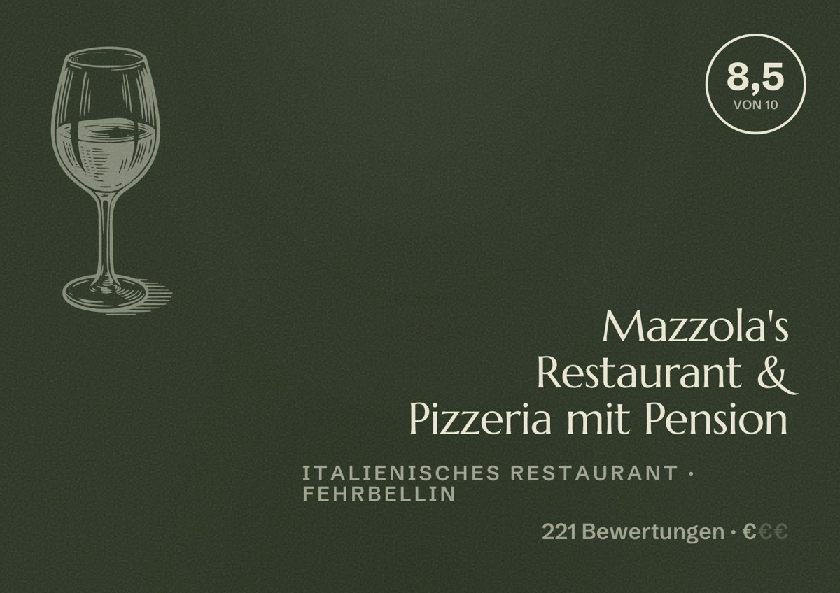 Illustriertes Poster von Mazzola's Restaurant & Pizzeria mit Pension, Italienisches Restaurant in Fehrbellin: Bewertung 8,5 von 10 aus 221 Bewertungen, Preisniveau €