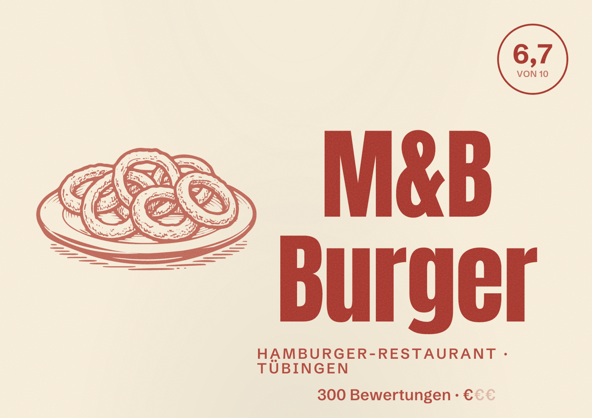 Illustriertes Poster von M&B Burger, Hamburger-Restaurant in Tübingen: Bewertung 6,7 von 10 aus 300 Bewertungen, Preisniveau €