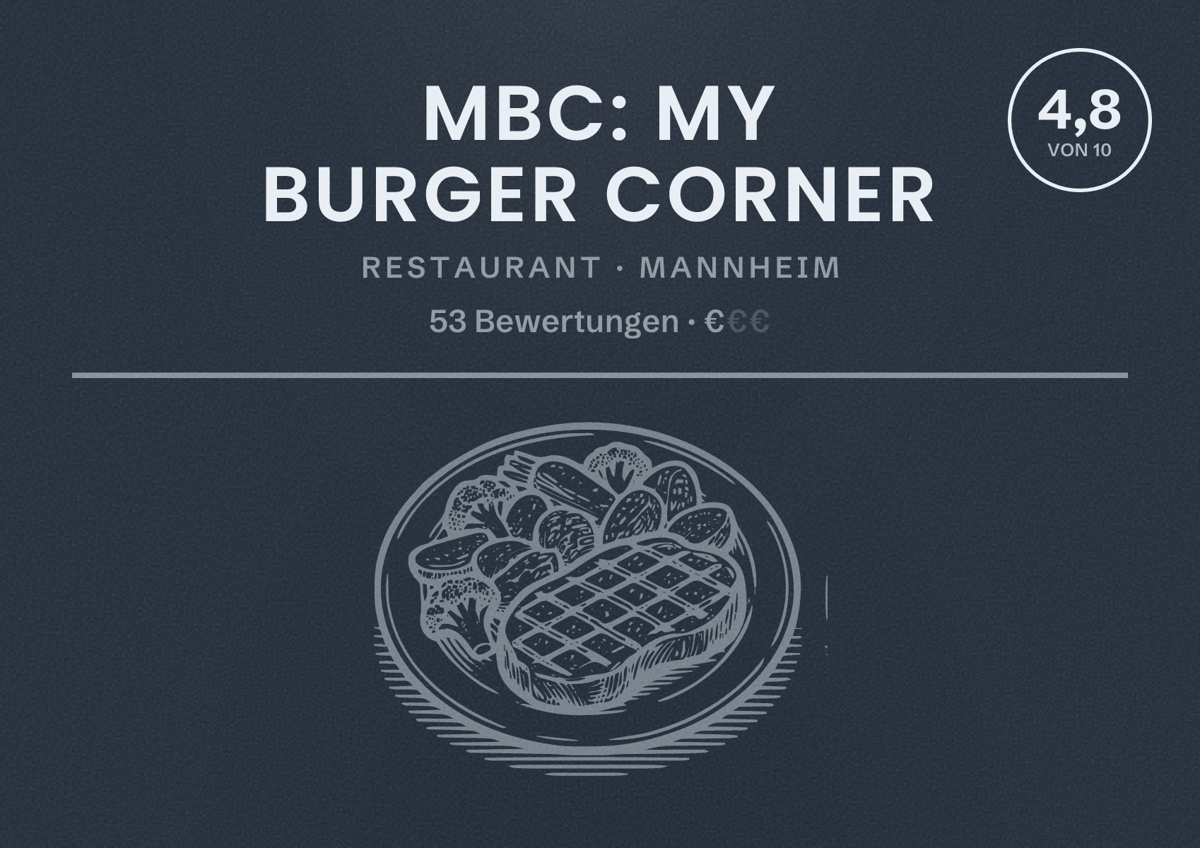 Illustriertes Poster von MBC: My Burger Corner, Restaurant in Mannheim: Bewertung 4,8 von 10 aus 53 Bewertungen, Preisniveau €