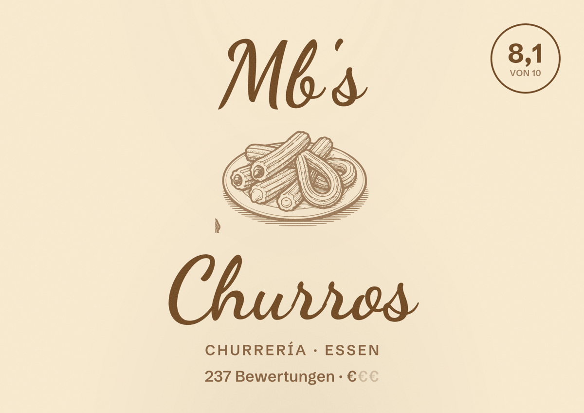 Illustriertes Poster von Mb's Churros, Churrería in Essen: Bewertung 8,1 von 10 aus 237 Bewertungen, Preisniveau €