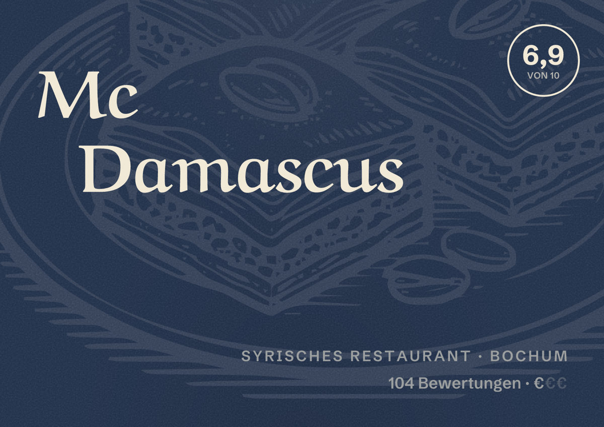 Illustriertes Poster von Mc Damascus, Syrisches Restaurant in Bochum: Bewertung 6,9 von 10 aus 104 Bewertungen, Preisniveau €