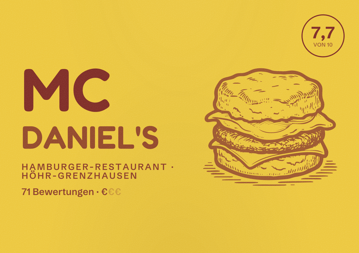 Illustriertes Poster von Mc Daniel's, Hamburger-Restaurant in Höhr-Grenzhausen: Bewertung 7,7 von 10 aus 71 Bewertungen, Preisniveau €