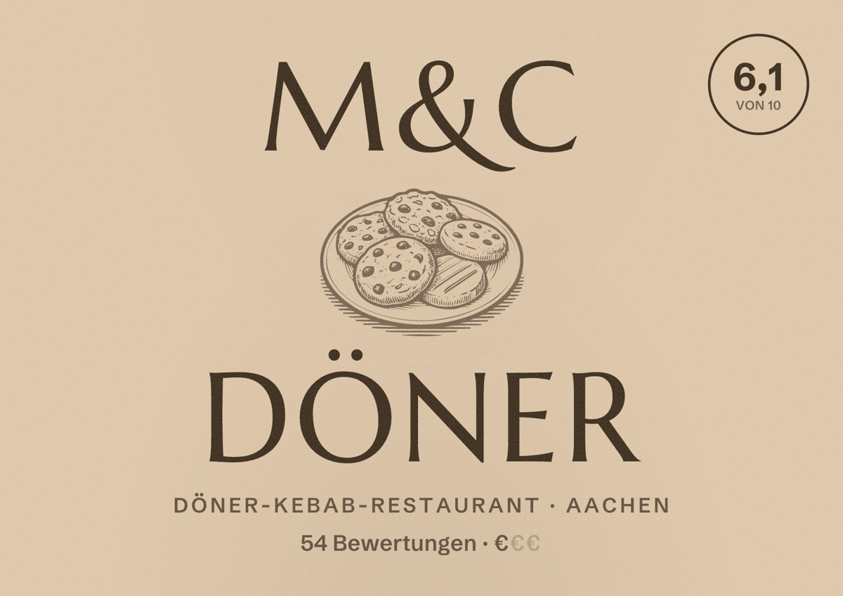 Illustriertes Poster von M&C Döner, Döner-Kebab-Restaurant in Aachen: Bewertung 6,1 von 10 aus 54 Bewertungen, Preisniveau €