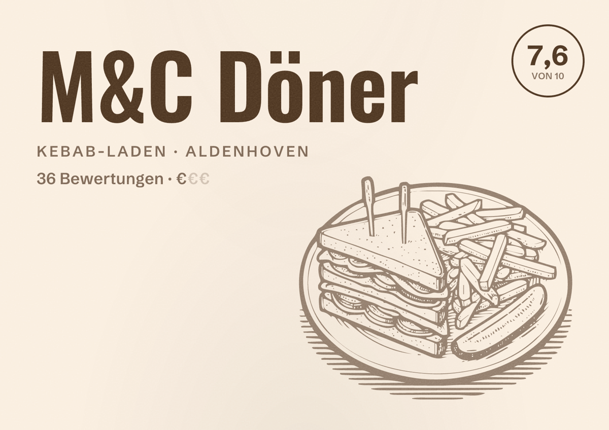 Illustriertes Poster von M&C Döner, Kebab-Laden in Aldenhoven: Bewertung 7,6 von 10 aus 36 Bewertungen, Preisniveau €