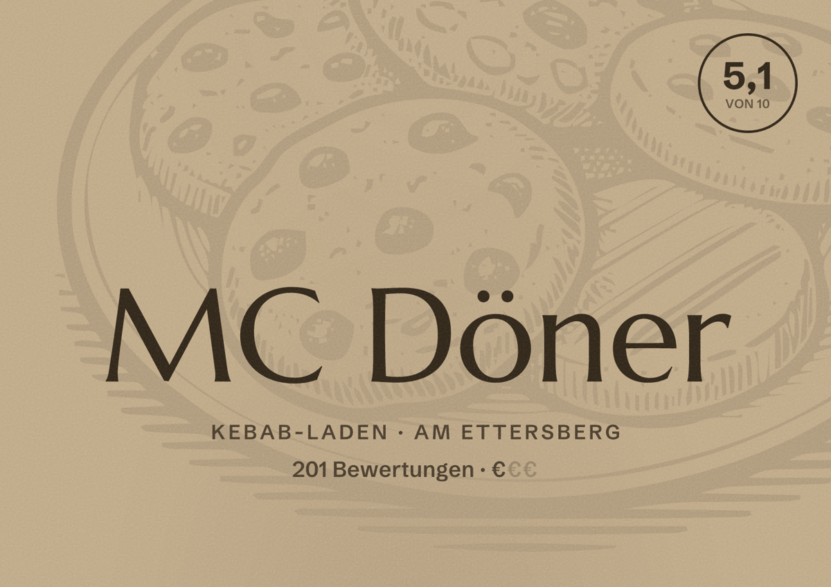 Illustriertes Poster von MC Döner, Kebab-Laden in Am Ettersberg: Bewertung 5,1 von 10 aus 201 Bewertungen, Preisniveau €