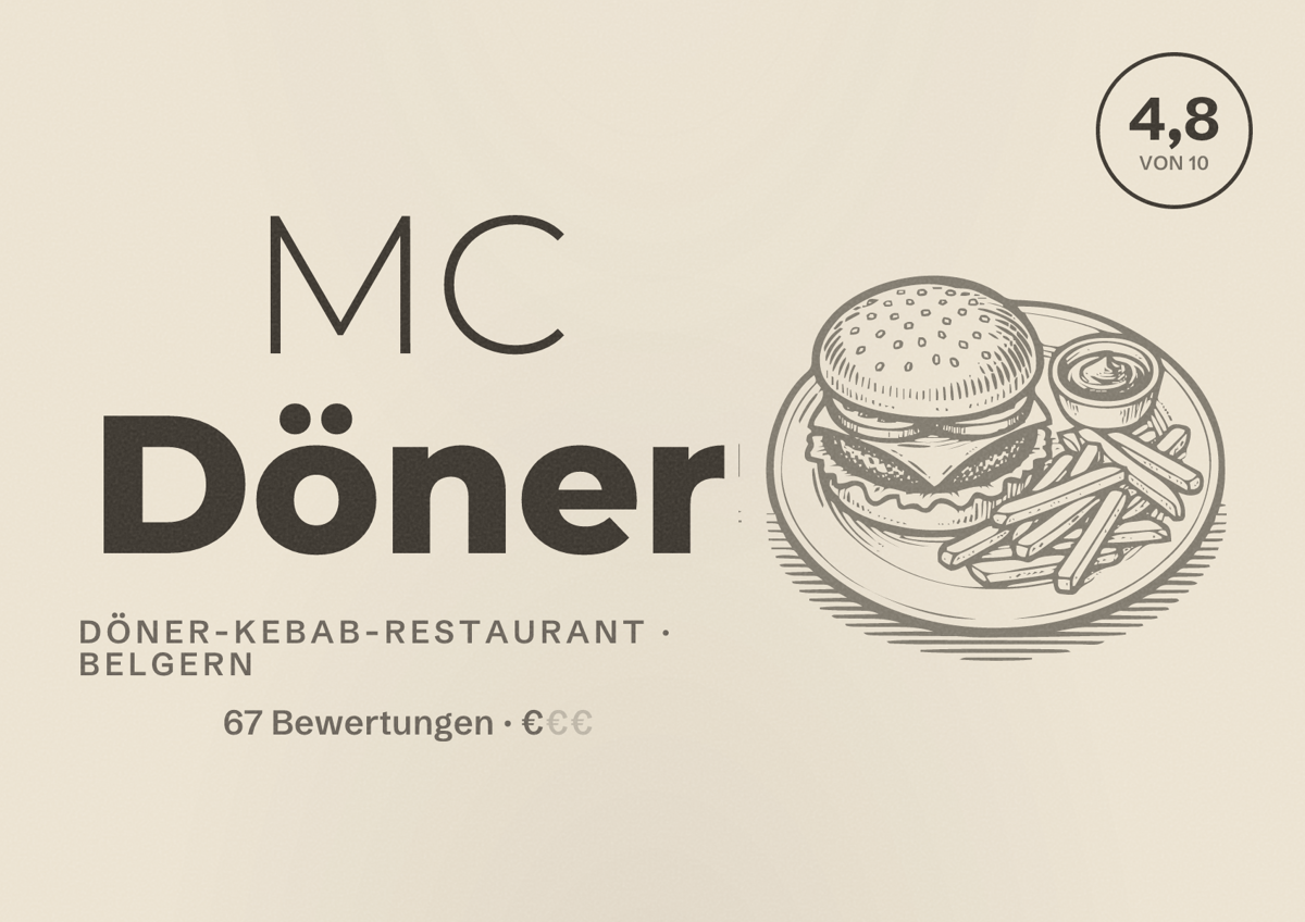 Illustriertes Poster von MC Döner, Döner-Kebab-Restaurant in Belgern: Bewertung 4,8 von 10 aus 67 Bewertungen, Preisniveau €