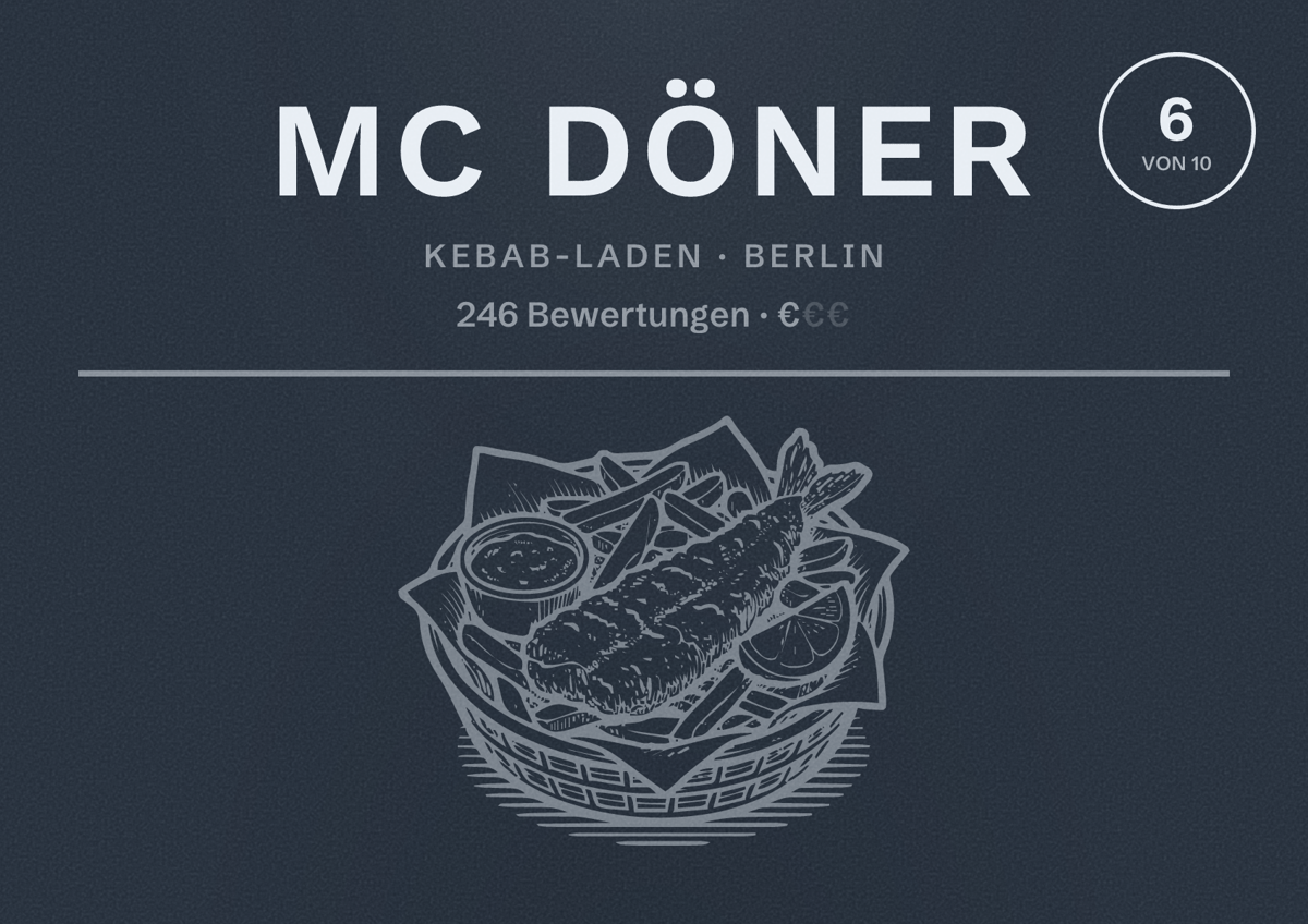 Illustriertes Poster von Mc Döner, Kebab-Laden in Berlin: Bewertung 6,0 von 10 aus 246 Bewertungen, Preisniveau €