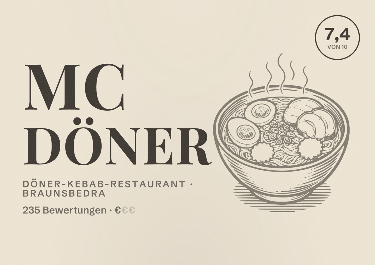 Illustriertes Poster von Mc Döner, Döner-Kebab-Restaurant in Braunsbedra: Bewertung 7,4 von 10 aus 235 Bewertungen, Preisniveau €