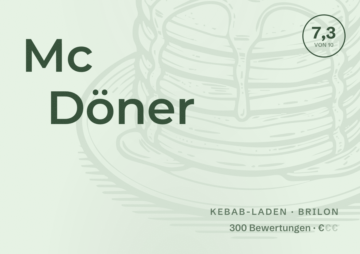 Illustriertes Poster von Mc Döner, Kebab-Laden in Brilon: Bewertung 7,3 von 10 aus 300 Bewertungen, Preisniveau €