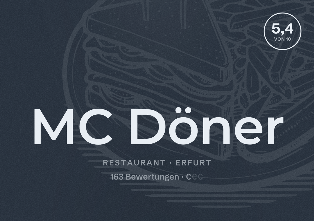 Illustriertes Poster von MC Döner, Restaurant in Erfurt: Bewertung 5,4 von 10 aus 163 Bewertungen, Preisniveau €