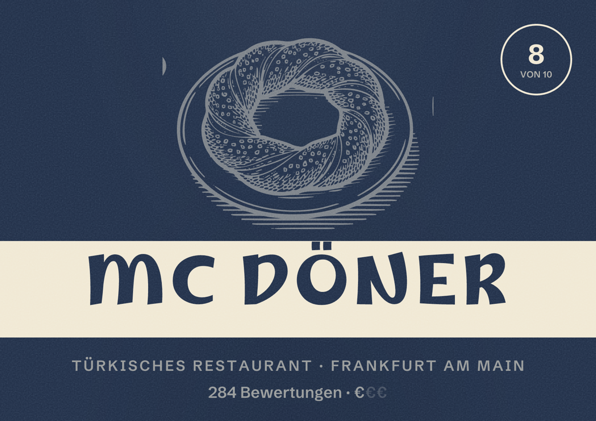 Illustriertes Poster von Mc Döner, Türkisches Restaurant in Frankfurt am Main: Bewertung 8,0 von 10 aus 284 Bewertungen, Preisniveau €
