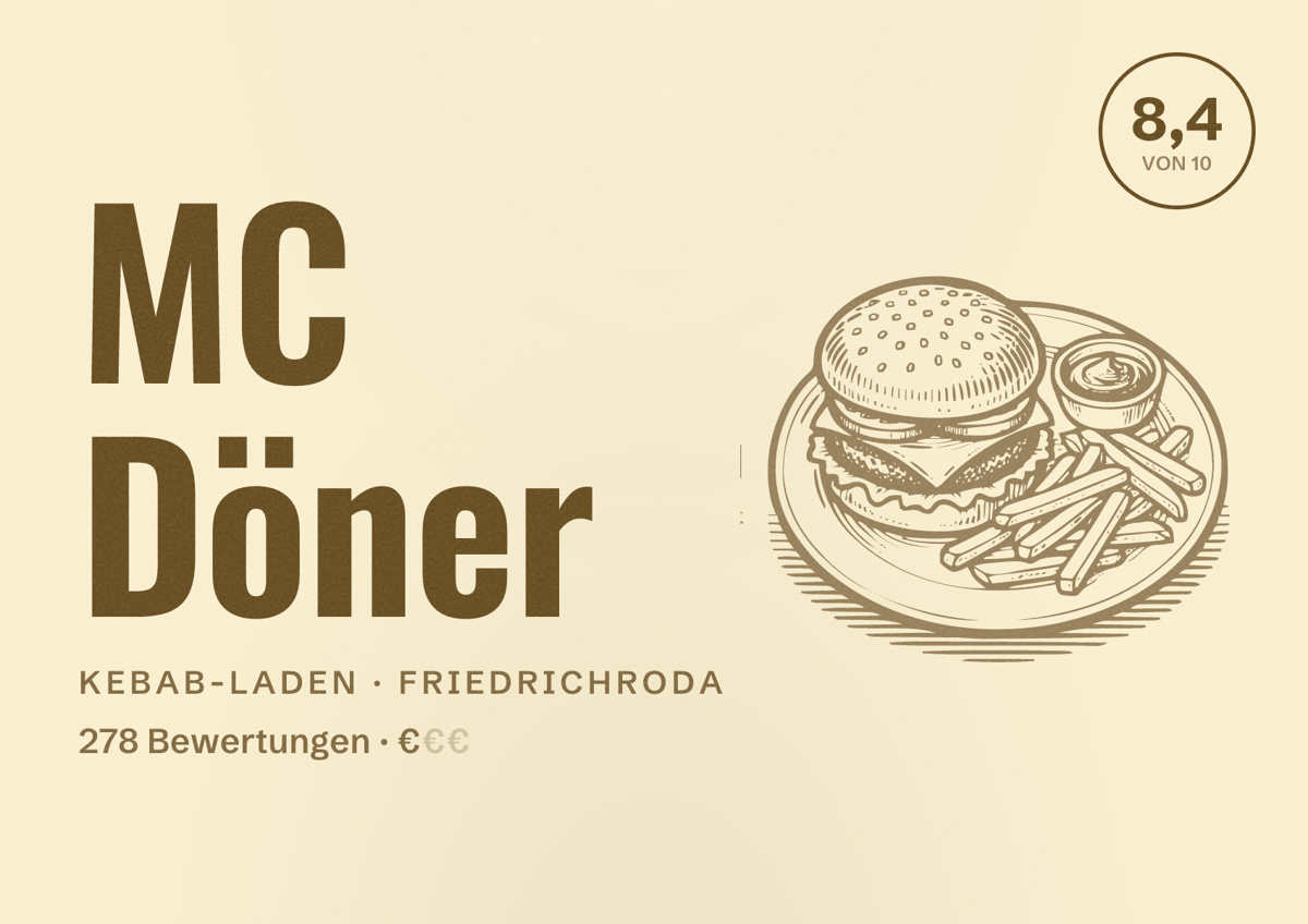 Illustriertes Poster von MC Döner, Kebab-Laden in Friedrichroda: Bewertung 8,4 von 10 aus 278 Bewertungen, Preisniveau €