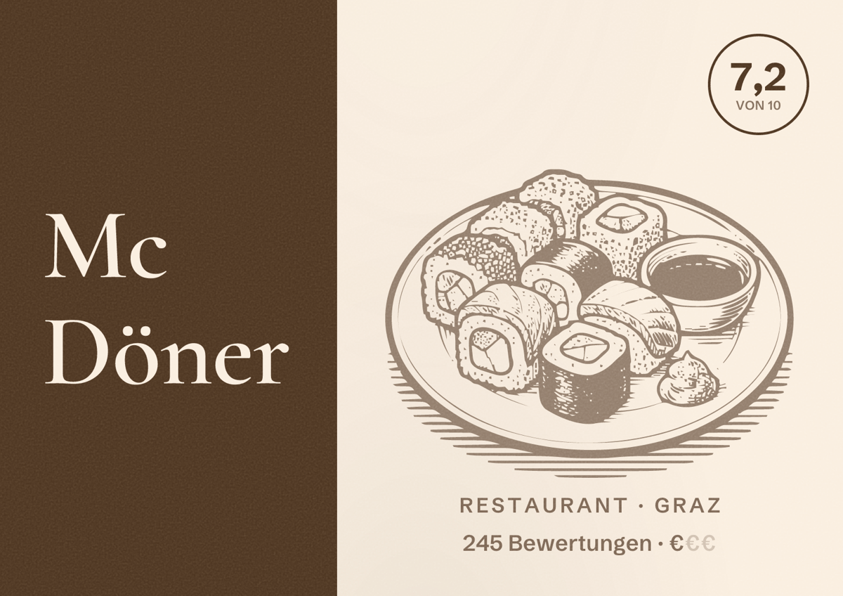 Illustriertes Poster von Mc Döner, Restaurant in Graz: Bewertung 7,2 von 10 aus 245 Bewertungen, Preisniveau €