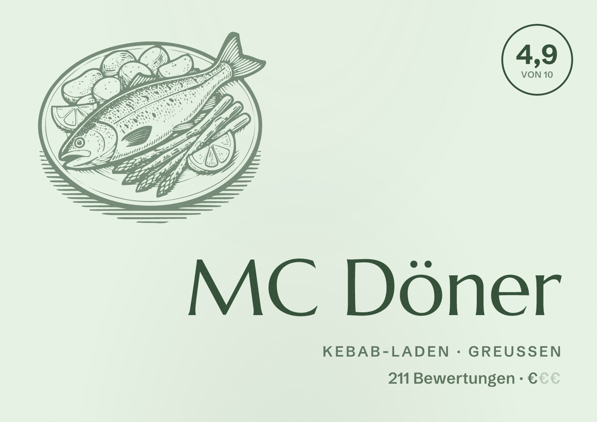 Illustriertes Poster von MC Döner, Kebab-Laden in Greußen: Bewertung 4,9 von 10 aus 211 Bewertungen, Preisniveau €