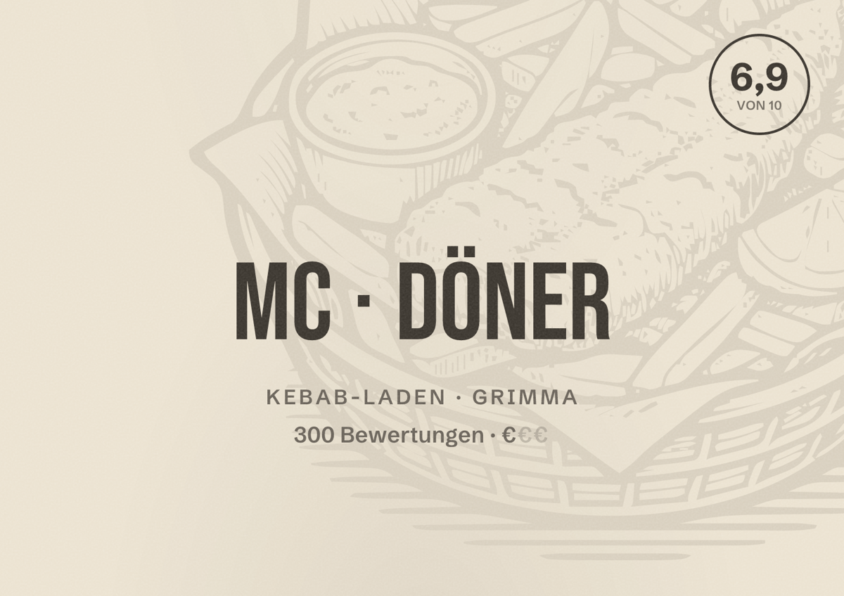 Illustriertes Poster von Mc Döner, Kebab-Laden in Grimma: Bewertung 6,9 von 10 aus 300 Bewertungen, Preisniveau €