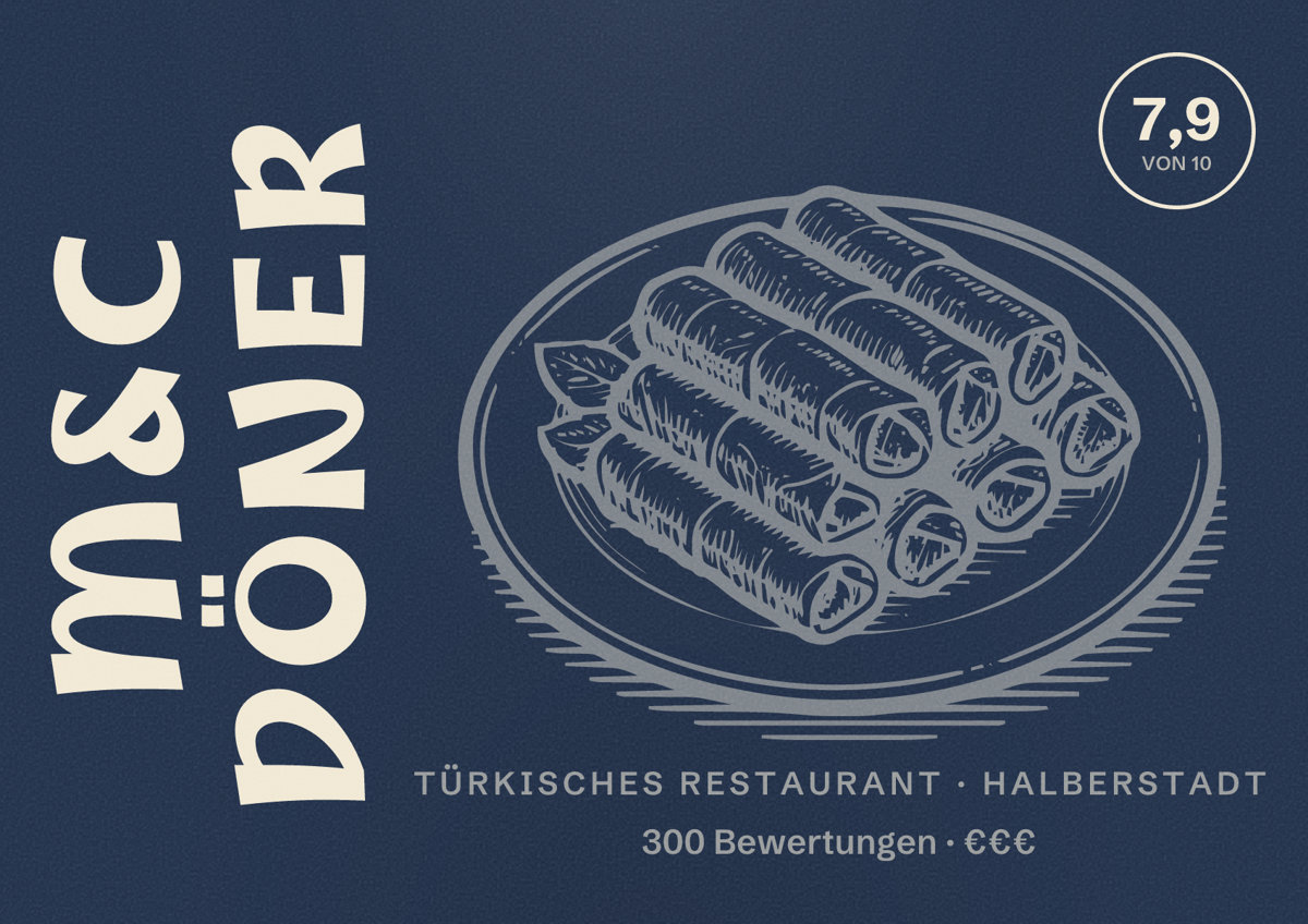 Illustriertes Poster von M&C Döner, Türkisches Restaurant in Halberstadt: Bewertung 7,9 von 10 aus 300 Bewertungen, Preisniveau €€€